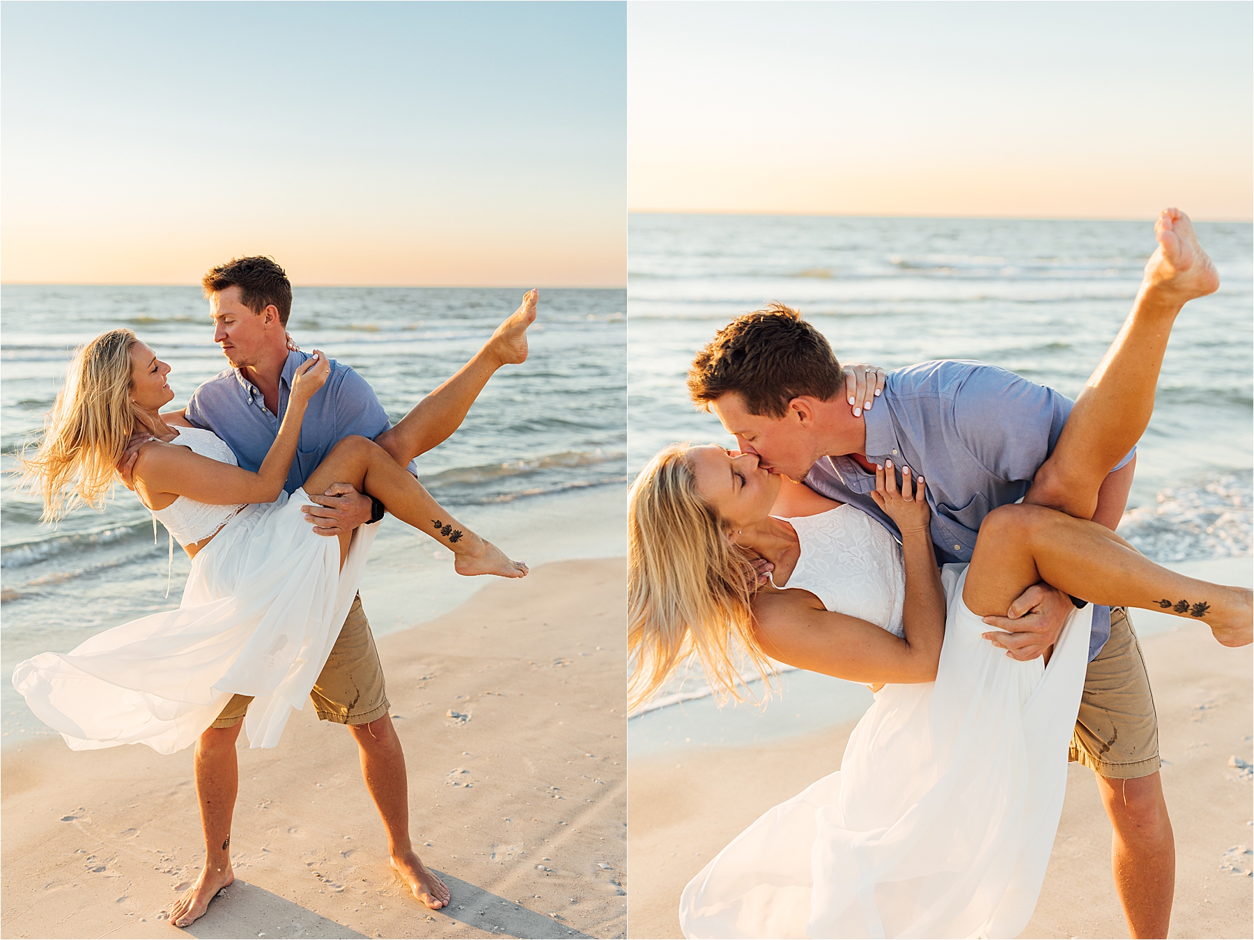 Dip kiss engagement photos on the beach