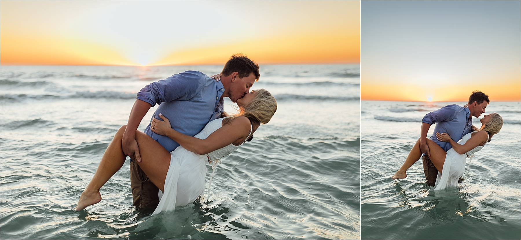 In water dip kiss at sunset for engagement photos