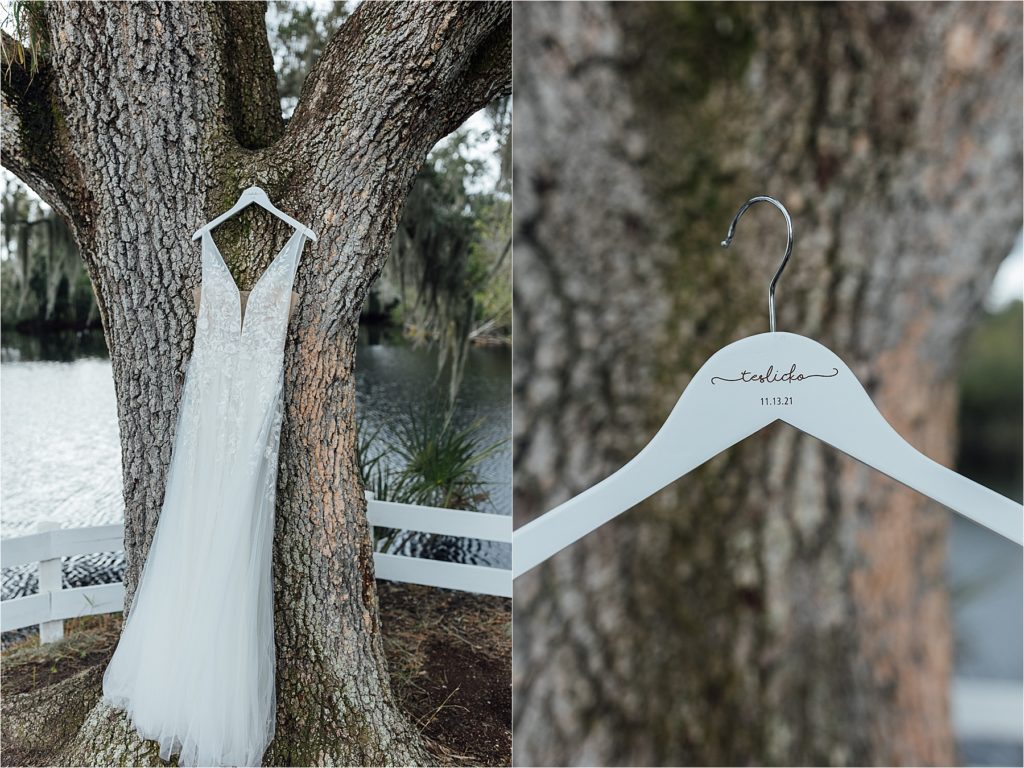 Close up of hanger with wedding date etched on 