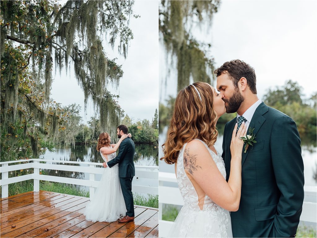 bride and groom kissing outdoors in the rain
