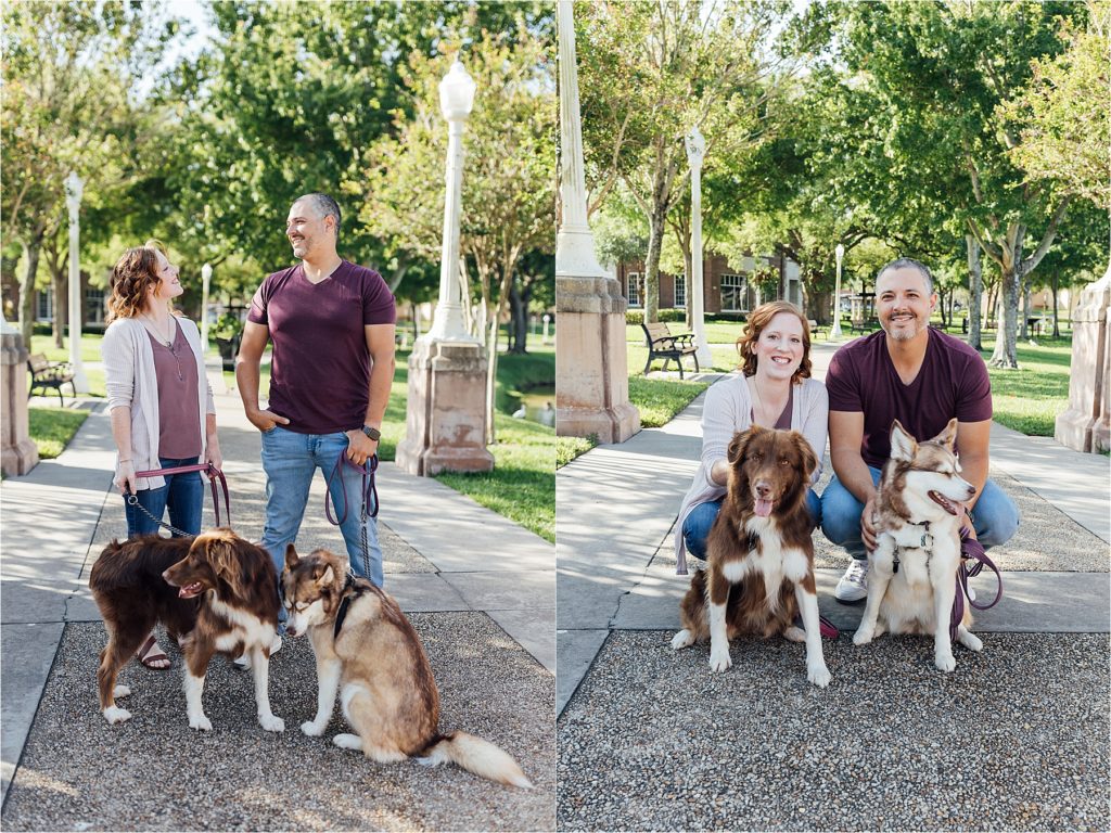 Engagement Session with dogs and laughing at Lake Mirror in Lakeland