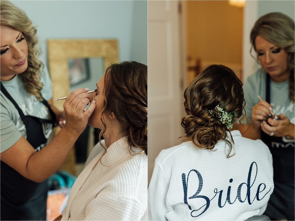 Bride getting makeup done eyes closed