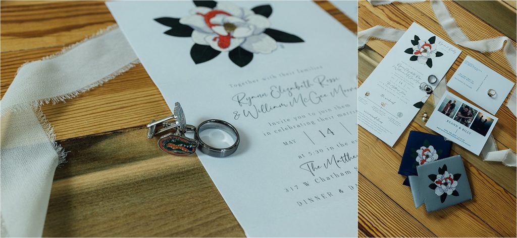 Invitation suite with bridal rings and details close up