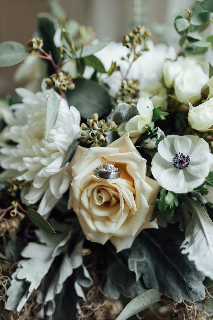 bridal bouquet with rings on a flower close up